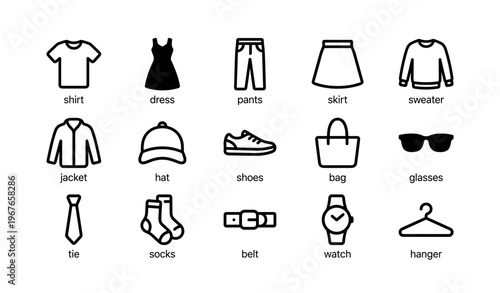 Icons of clothing and accessories: shirt, dress, shoes, glasses, hat illustrated collection