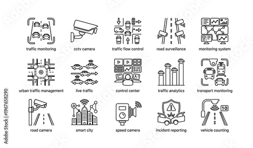 Urban traffic management and surveillance icon set for smart city systems