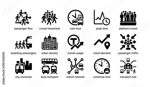 Urban commute icons depicting passenger traffic and transit usage during peak hours