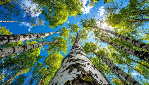 Looking Up Through Tall Birch Trees Towards a Bright Blue Sky.