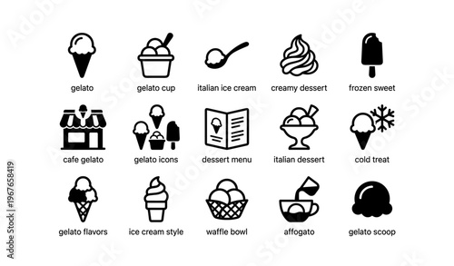 Italian gelato icons featuring ice cream cones, cups, and dessert symbols