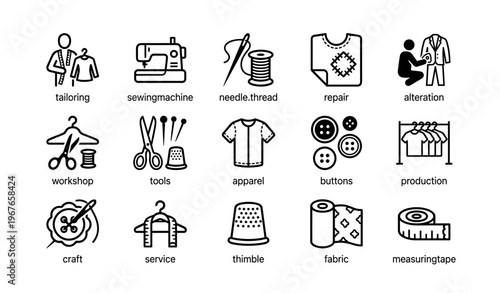 Tailoring and sewing icons: tools, apparel, fabric, buttons, workshop