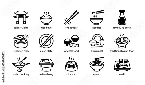 Asian cuisine icons collection featuring rice, noodles, chopsticks, and traditional dishes