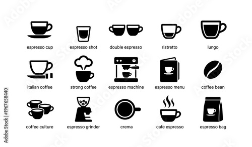 Coffee icon set featuring espresso, lungo, ristretto, and coffee machine