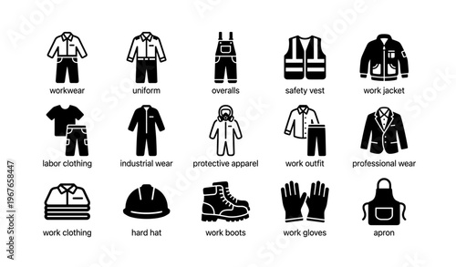 Various workwear icons including safety vest, uniform, overalls, and work jacket