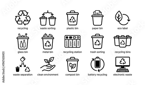 Recycling icons set: waste sorting and eco-friendly symbols for sustainable practices