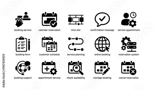 Icons representing various booking and scheduling services in black and white
