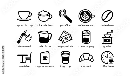 Coffee shop essentials icons: cups, bean, art, grinder, menu, more