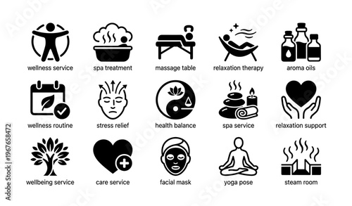 Wellness and relaxation icons: spa, meditation, aromatherapy, and health symbols