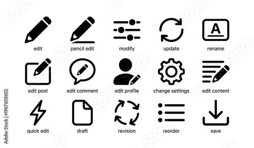 Simple black icons for editing and document management