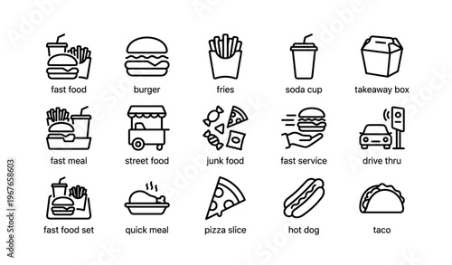 Fast food icons set: burger, fries, soda, pizza, hot dog, taco