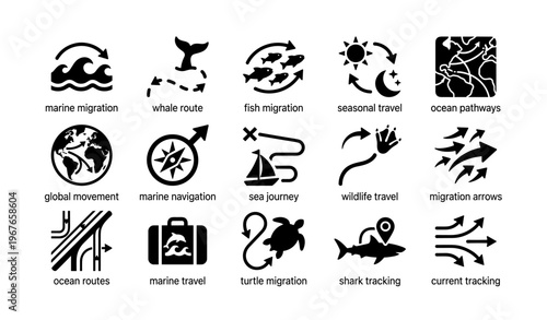 Marine migration symbols illustrating fish, whale, and turtle routes with ocean pathways