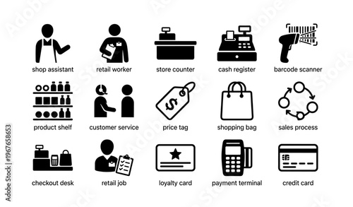 Retail icons set featuring cash registers, barcode scanners, and customer service elements