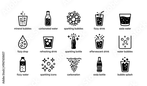Beverage icons set featuring sparkling bubbles, soda bottles, and fizzy drinks