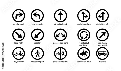 Road traffic signs for directions and lanes with symbols