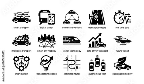 Smart transport icons: digital transit, connected vehicles, real-time data, sustainable mobility