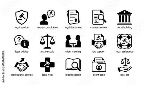 Legal icons set with justice scale court building and consultation symbols