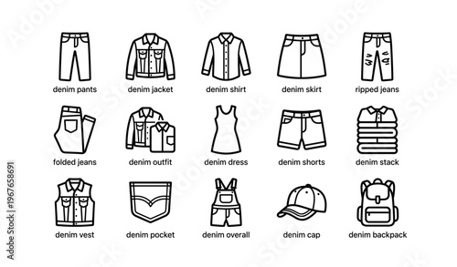 Collection of denim clothing icons featuring pants, jackets, skirts, and accessories