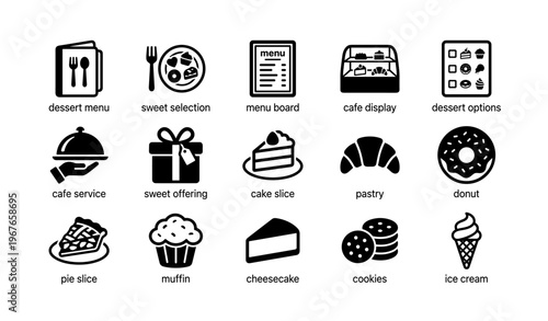 Dessert menu icons: sweet treats and cafe offerings collection