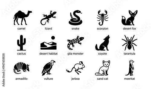Silhouettes of desert animals and plants in black icons