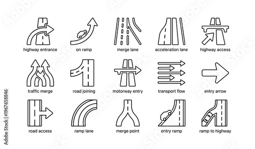 Road icons set featuring highway signs and traffic arrows for navigation guidance