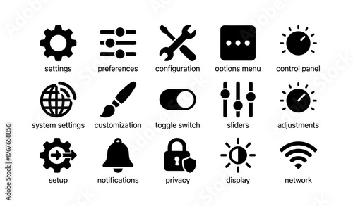 User interface icon set: settings, preferences, tools, notifications, security