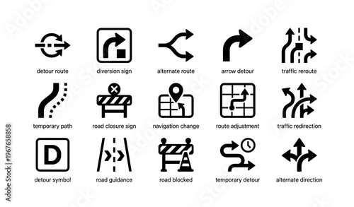 Traffic detour and navigation icons for road signs and directions