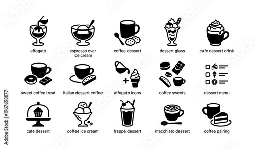 Black and white dessert and coffee icons featuring affogato and macchiato varieties