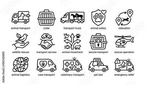 Animal transportation and rescue icons featuring various services and logistics