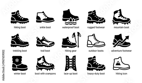 Diverse hiking footwear collection including boots and gear icons