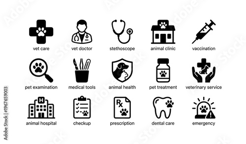 Animal healthcare icons: vet, clinic, health services, pet care symbols