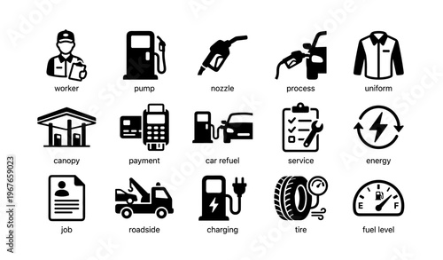 Fuel station icons: worker, pump, nozzle, car refuel, energy, service, uniform, tire, charging