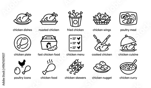 Variety of chicken dishes icons representing fried, roasted, wings, and skewers