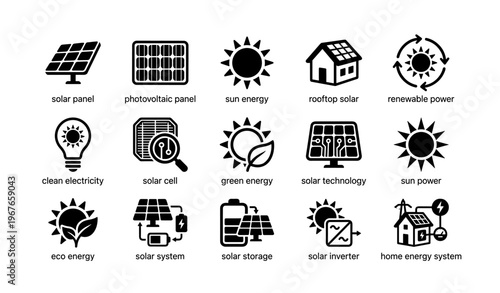 Solar energy icons: panels, cells, technology, renewable power, sun energy