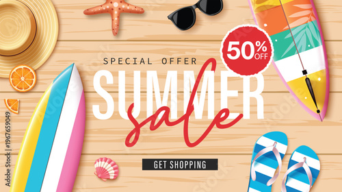 Summer Sale Vector Banner with Surfboards Summer Hat and Beach Accessories on Wood Background