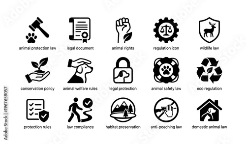 Animal protection and legal compliance icons on conservation and wildlife law