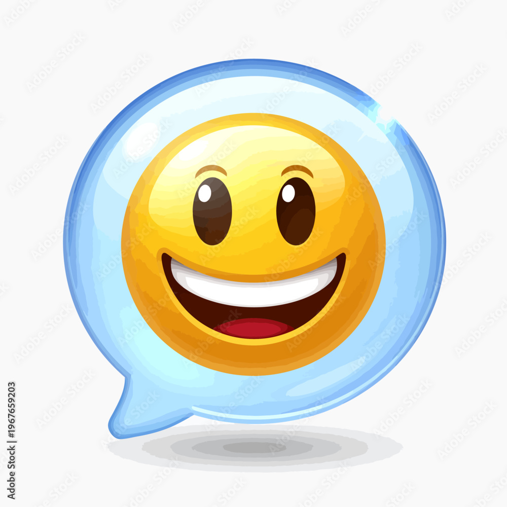 Fototapeta premium A cheerful yellow emoji with a wide smile and bright eyes, encased in a glossy blue speech bubble.