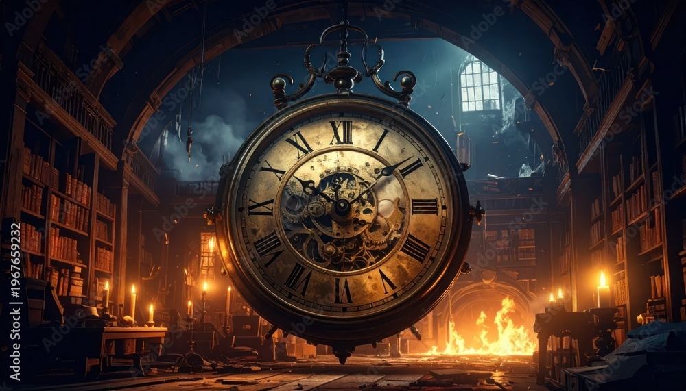 Obraz premium Vintage Clock in Dark Library Room.