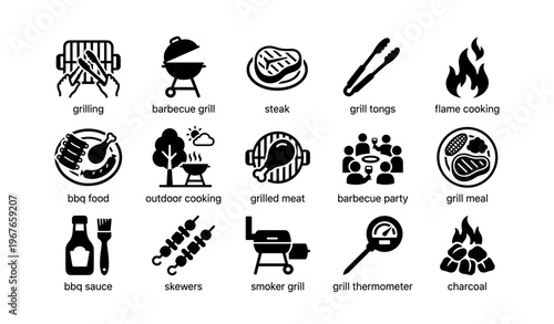 Barbecue icons: grilling tools, cooking equipment, outdoor bbq elements