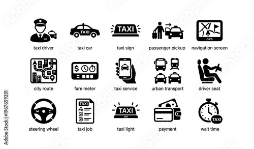Taxi icon set: driver, car, sign, navigation, city route, fare, app, transport, payment, wait time