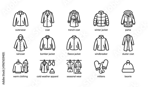 Types of outerwear icons: coat, trench, jacket, parka, raincoat, bomber, fleece, windbreaker, duster, mittens, beanie