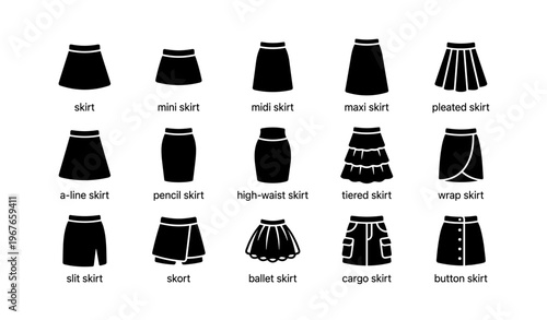 Variety of skirt styles illustrated with a-line, pencil, maxi, tiered, wrap, and more