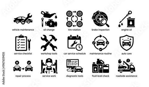 Icon set representing vehicle maintenance and repair services