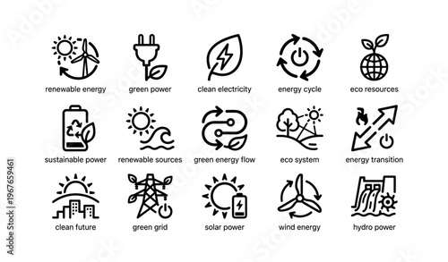 Renewable energy icons featuring clean power, eco system, solar, wind, hydro symbols