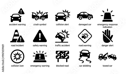 Road safety icons indicating accidents and emergency alerts