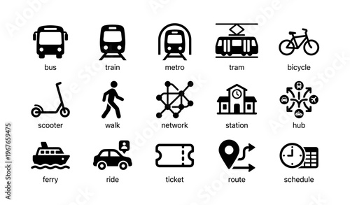 Public transportation icons: bus, train, metro, tram, bicycle, scooter, walk, network