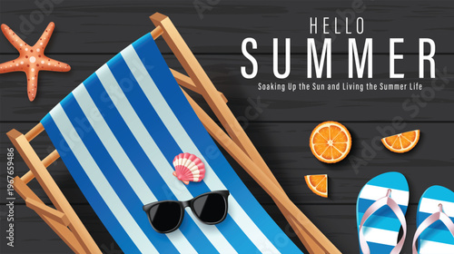 Summer Beach Vacation Vector Background with Deck Chair and Flip Flops on Dark Wood Texture