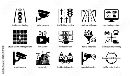 Traffic monitoring icons set featuring cctv, road surveillance, and smart city analytics components