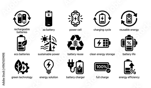 Rechargeable battery icons: green technology and sustainable energy solutions