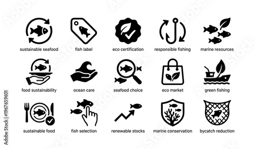 Sustainable seafood icons promoting eco-friendly fishing practices and marine conservation